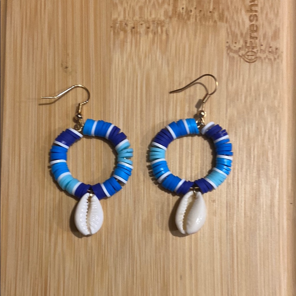 Blue and White Shell Hoop Earrings